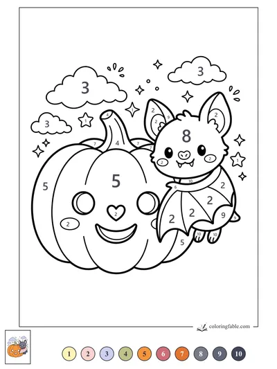 Kawaii Pumpkin With a Tiny Bat Friend — color by number