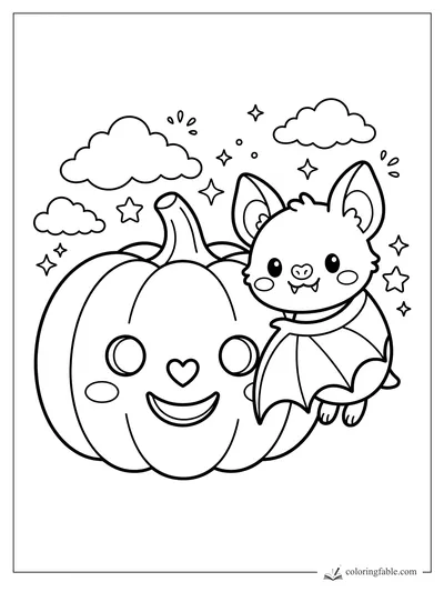 Kawaii jack-o'-lantern pumpkin with a smiling bat, clouds, stars, and sparkles