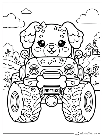 Kawaii puppy monster truck with bow, bone bumper, paw-print headlights, flowers, clouds, and small house.