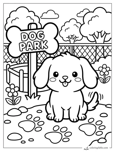 Kawaii puppy sitting by a bone-shaped Dog Park sign, paw prints, fence, trees, and flowers.