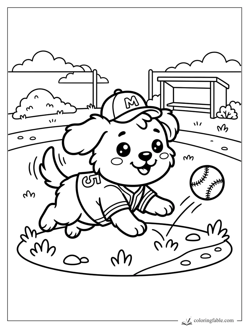 Kawaii puppy in a baseball cap and number 5 jersey chasing a ball on a field