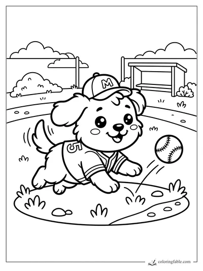 Kawaii puppy in a baseball cap and number 5 jersey chasing a ball on a field