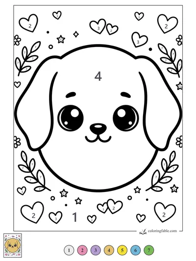 Kawaii Puppy Face with Hearts and Leafy Sprigs — color by number