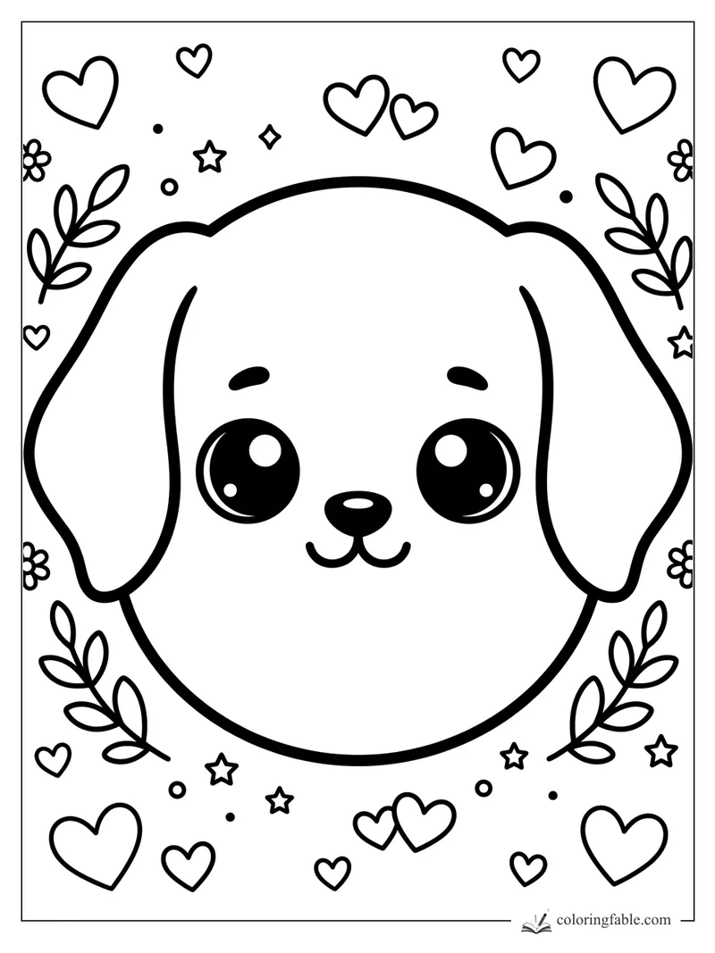 Kawaii puppy face with floppy ears, big shiny eyes, hearts, stars, flowers, and leafy sprigs.