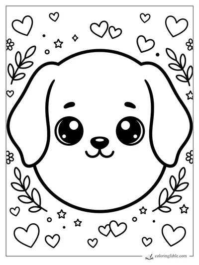 Kawaii puppy face with floppy ears, big shiny eyes, hearts, stars, flowers, and leafy sprigs.