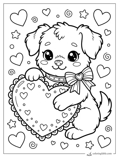 Kawaii puppy with bow hugging a heart pillow, surrounded by hearts, stars, dots, and swirls.