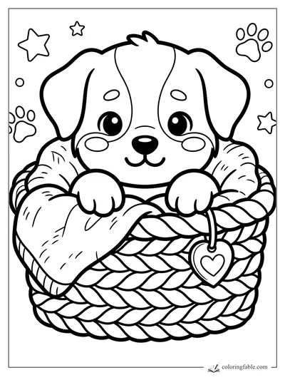 Kawaii puppy peeking from a braided basket with a heart tag, stars, paw prints, and a cozy blanket.