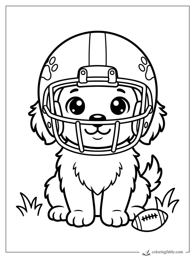 Kawaii puppy wearing a football helmet beside a football and grass tufts