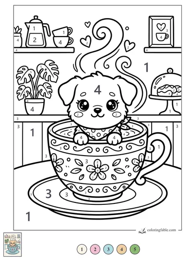 Kawaii Puppy in a Steamy Teacup — color by number