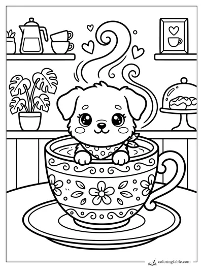 Kawaii puppy peeking from a floral teacup in a cafe with steam hearts, shelves, cups, and cake.