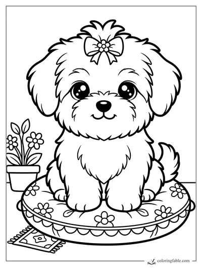 Kawaii fluffy puppy with bow sitting on a flower cushion beside a potted plant