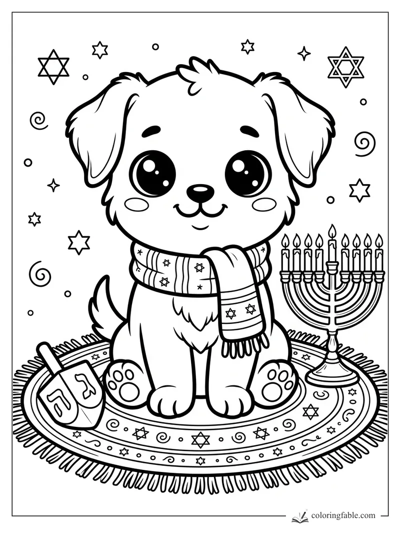 Kawaii puppy in a patterned scarf beside a menorah and dreidels on a Hanukkah rug