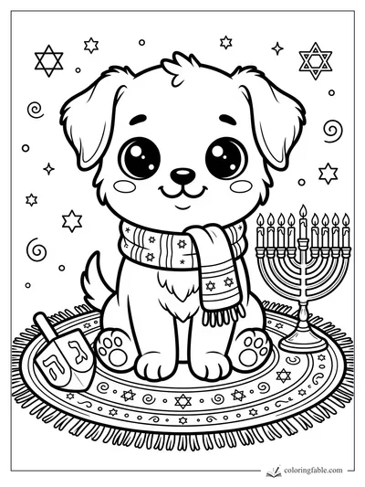Kawaii puppy in a patterned scarf beside a menorah and dreidels on a Hanukkah rug