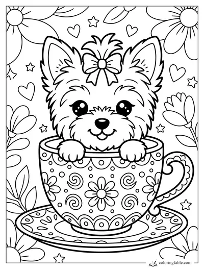 Kawaii puppy with a bow peeking from a patterned teacup, surrounded by flowers, hearts, and stars.