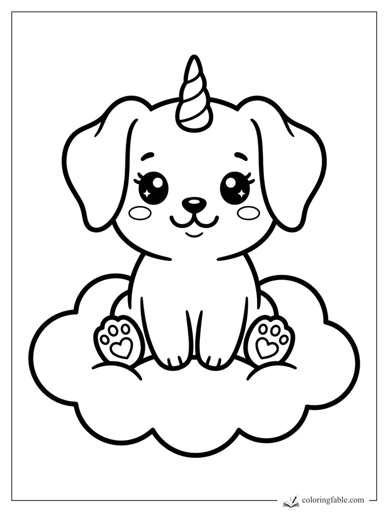 Kawaii puppy unicorn sitting on a fluffy cloud with floppy ears, paw pads, and sparkling eyes