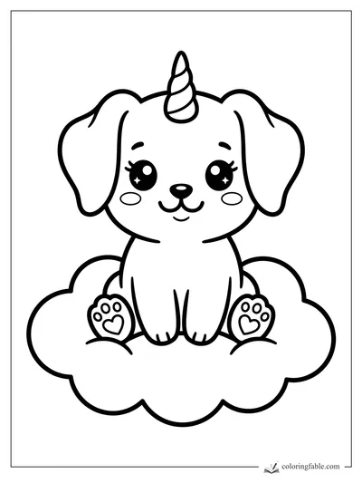 Kawaii puppy unicorn sitting on a fluffy cloud with floppy ears, paw pads, and sparkling eyes