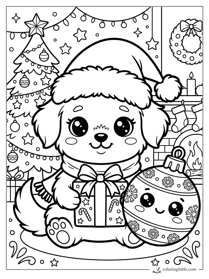 Kawaii puppy in Santa hat holding a gift beside a smiling ornament, Christmas tree, fireplace, and wreath.