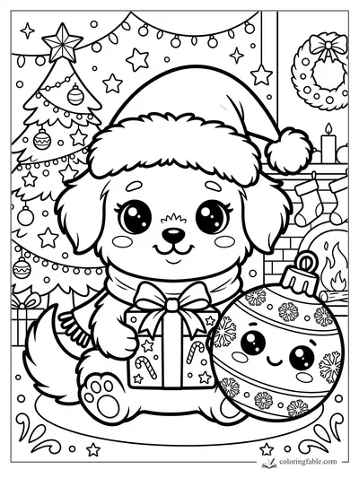 Kawaii puppy in Santa hat holding a gift beside a smiling ornament, Christmas tree, fireplace, and wreath.