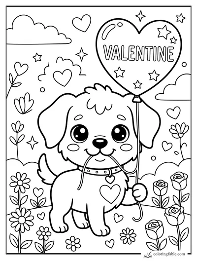 Kawaii puppy holding a heart Valentine balloon in a garden of flowers, hearts, clouds, and stars.