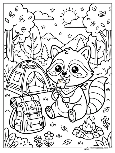 Kawaii raccoon roasting a marshmallow by a campfire beside a tent, backpack, trees, mountains, sun and stars.