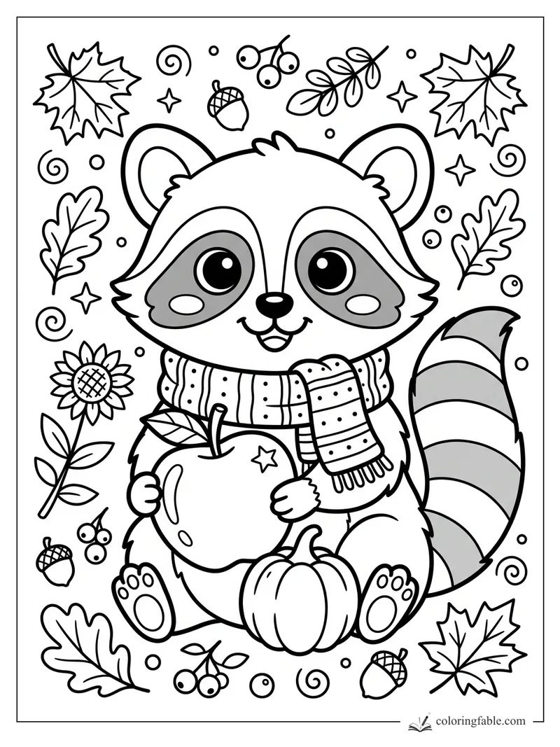 Kawaii raccoon in a striped scarf holding an apple, with pumpkin, acorns, berries, sunflower, and fall leaves.