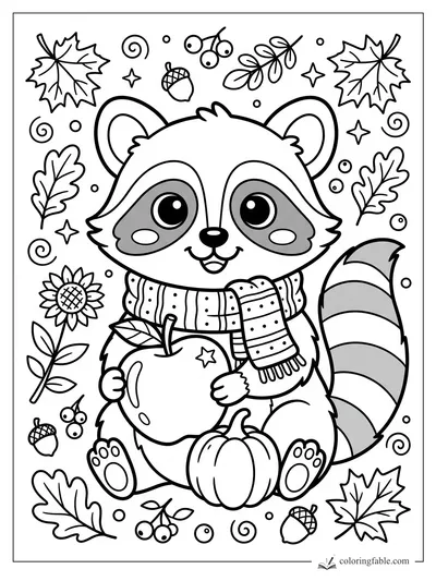 Kawaii raccoon in a striped scarf holding an apple, with pumpkin, acorns, berries, sunflower, and fall leaves.