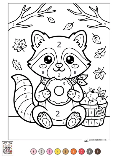 Kawaii Raccoon with Donut and Apple Cider Basket — color by number