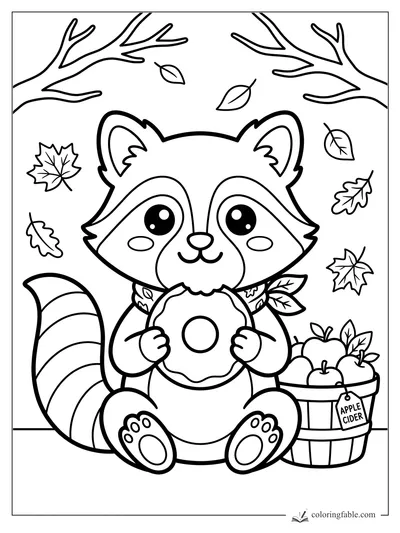 Cute raccoon holding a donut beside an apple cider basket under falling leaves.