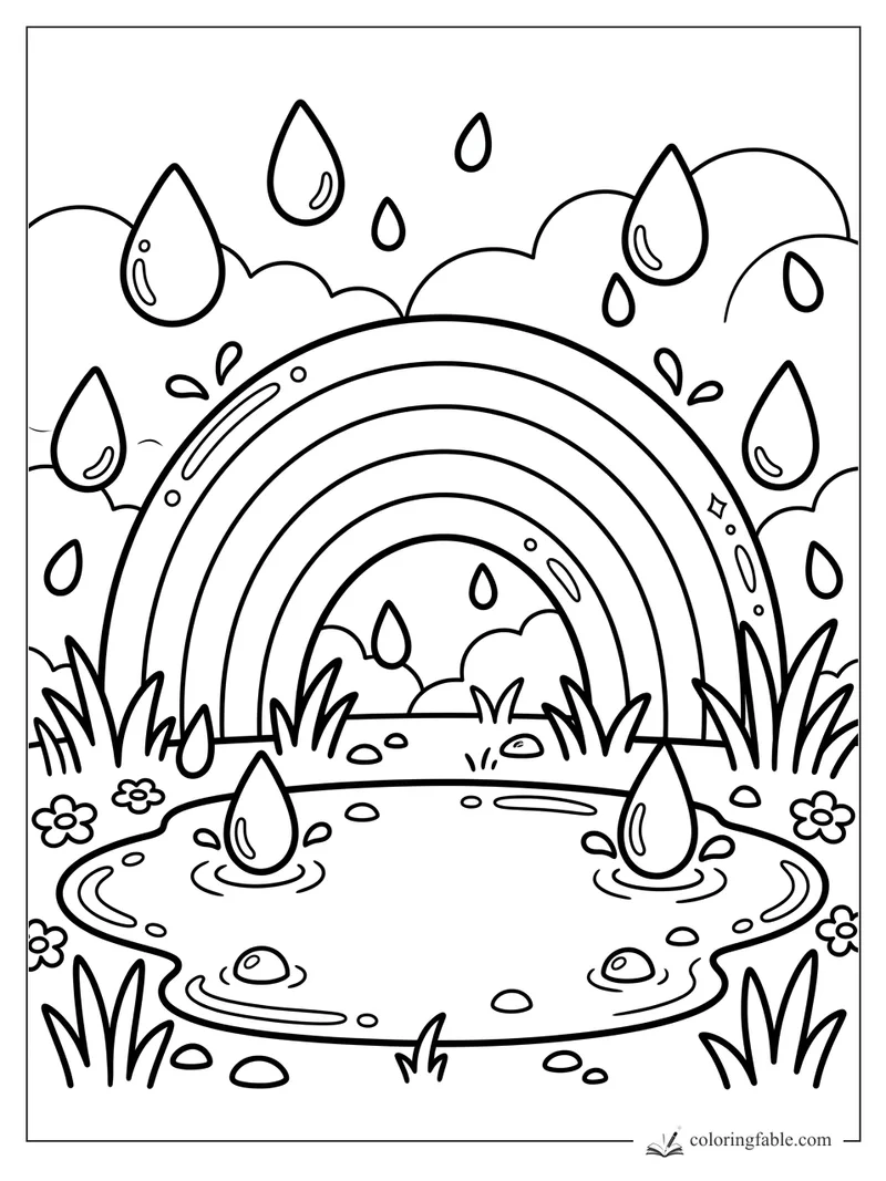 Kawaii rainbow over a puddle with smiling raindrops, grass, flowers, clouds, and splash marks
