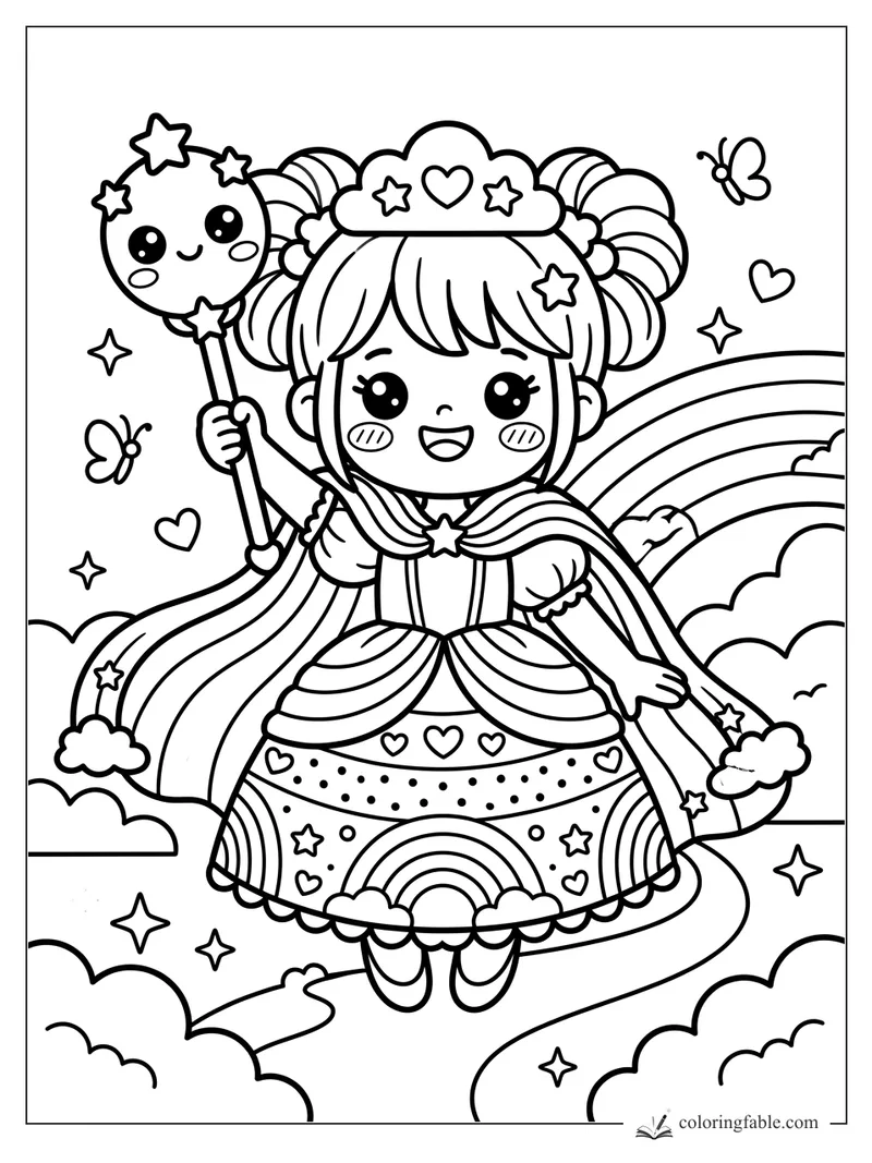 Kawaii princess holding a smiling moon wand, with rainbow cape, star crown, hearts, clouds, and butterflies.