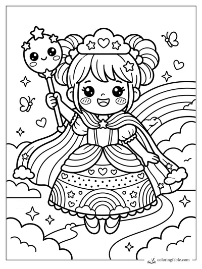 Kawaii princess holding a smiling moon wand, with rainbow cape, star crown, hearts, clouds, and butterflies.