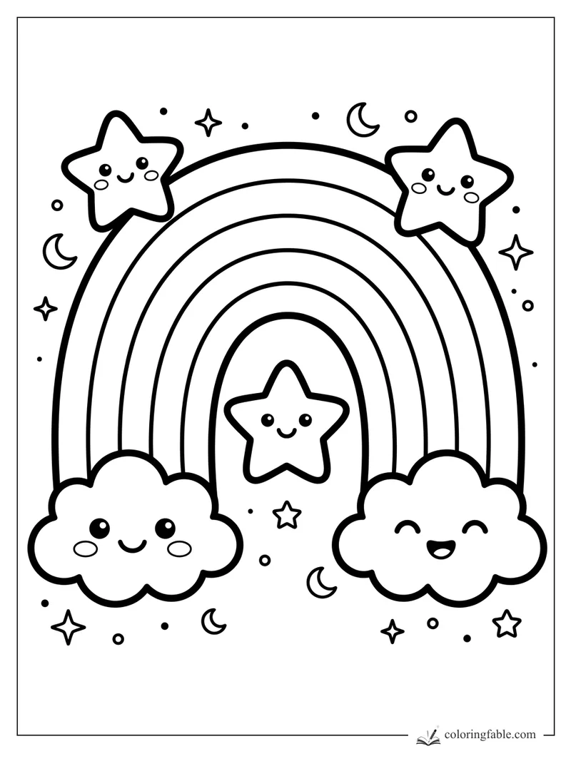 Kawaii rainbow coloring page with two smiling clouds, three cute stars, moons, dots, and sparkles.