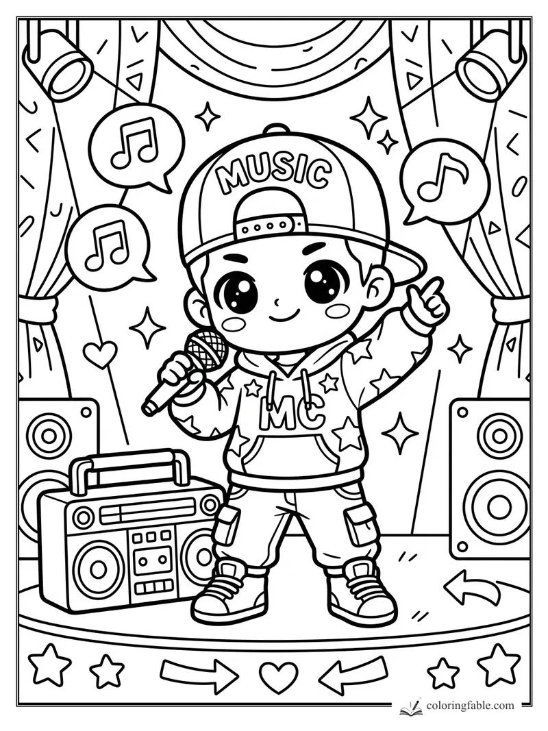 Kawaii kid rapper with microphone, music cap, boombox, speakers, curtains, notes, stars, and arrows.