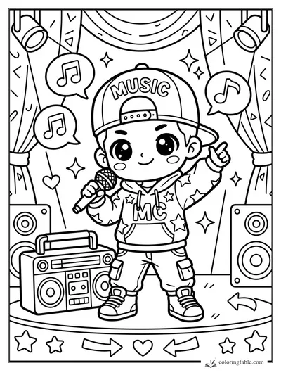 Kawaii kid rapper with microphone, music cap, boombox, speakers, curtains, notes, stars, and arrows.