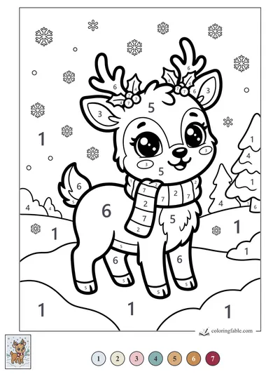 Kawaii Reindeer in a Snowy Scarf — color by number
