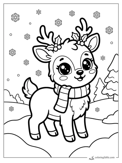 Kawaii reindeer with holly antlers, striped scarf, snowy hills, falling snowflakes, and pine trees.