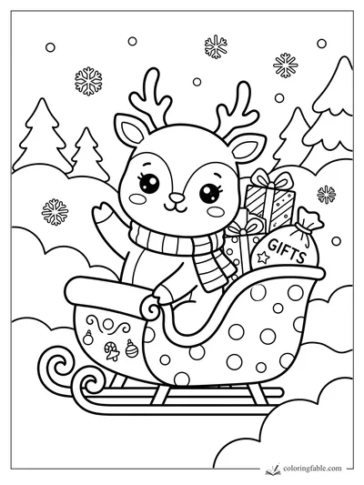 Kawaii reindeer in a scarf riding a polka-dot sleigh with gifts, snowflakes, and pine trees