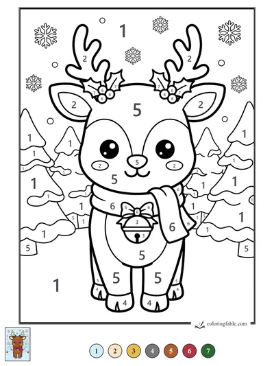 Kawaii Reindeer With Bell in Snowy Pines — color by number