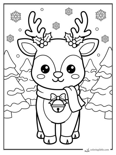 Cute Christmas reindeer with antlers, holly, scarf, bell, snowflakes, and pine trees coloring page
