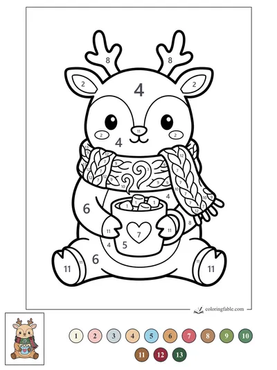 Kawaii Reindeer With Cocoa and a Braided Scarf — color by number
