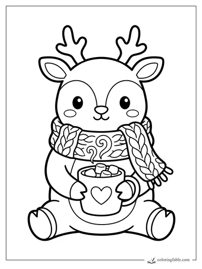 Kawaii reindeer holding a heart mug of cocoa with marshmallows, wearing a patterned scarf and antlers.