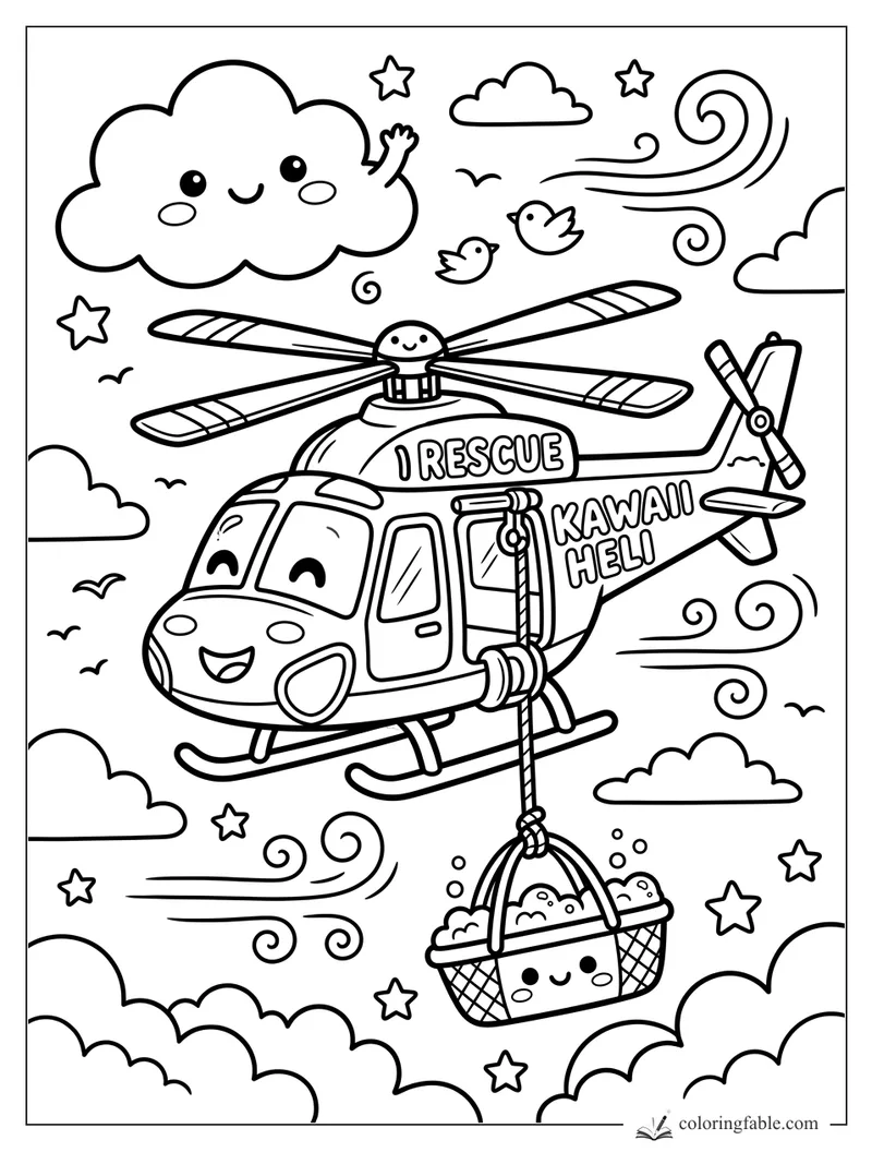 Kawaii rescue helicopter flying with a smiling cloud basket, birds, stars, clouds, and swirling wind.