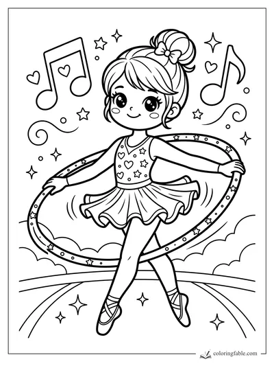 Kawaii gymnast twirling a star-decorated hoop with music notes, hearts, and sparkles around her.