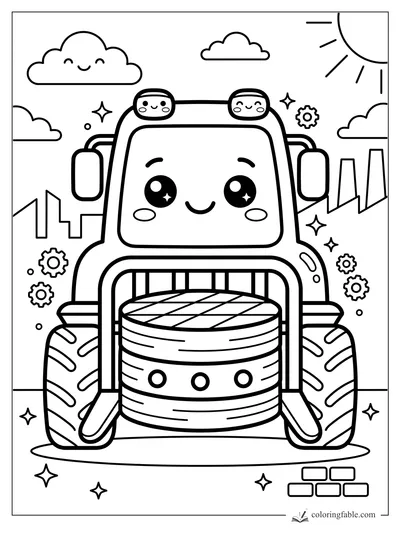 Kawaii road roller with big eyes, striped drum, chunky tires, clouds, gears, sun, and bricks.
