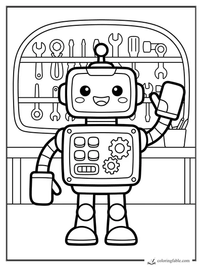 Kawaii robot waving in a workshop with tools, gears, buttons, and a pencil cup on the bench.