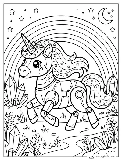 Kawaii robot unicorn with rocket horn, rainbow, moon, stars, crystals, flowers, and winding path.