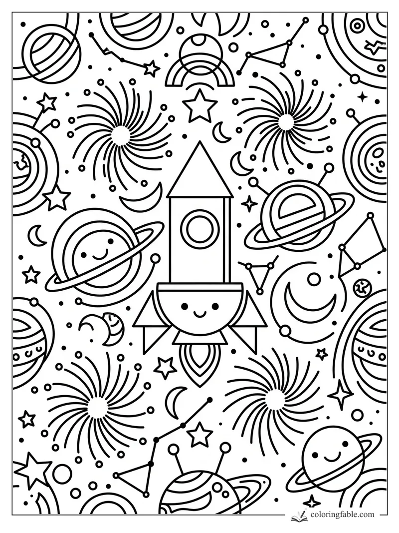 Kawaii rocket with a smiling face surrounded by planets, stars, moons, constellations, and spiral galaxies.