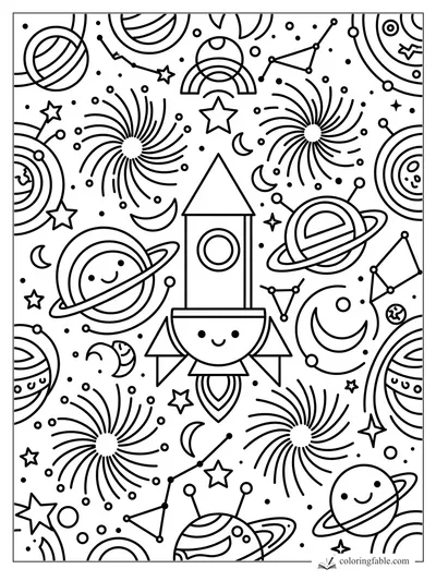 Kawaii rocket with a smiling face surrounded by planets, stars, moons, constellations, and spiral galaxies.