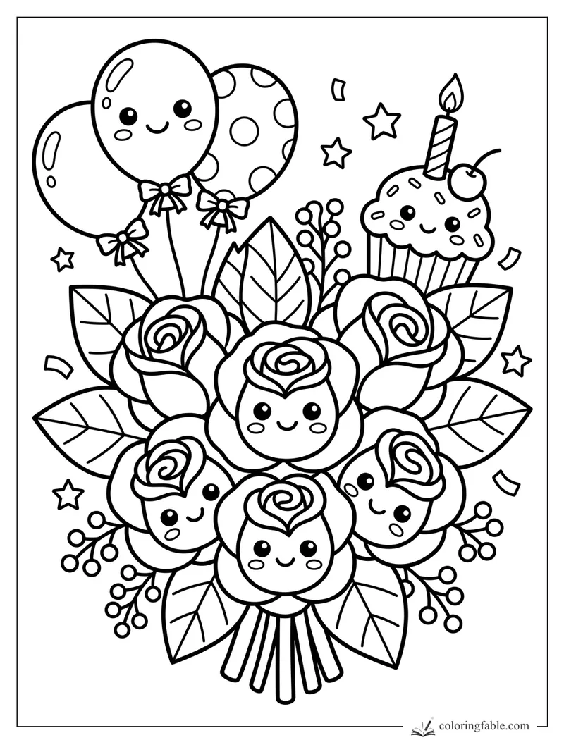 Kawaii rose bouquet with smiling flowers, balloons, bows, stars, confetti, leaves, berries, and a cupcake candle.