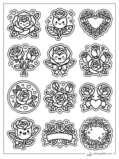 Easy rose sticker coloring page with smiling blooms, hearts, bows, wreaths, leaves, and a blank banner.